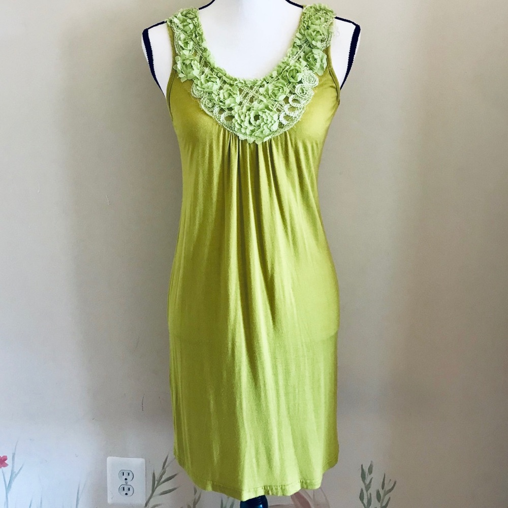 Lapis Lime Green Dress with Floral Neck Pattern